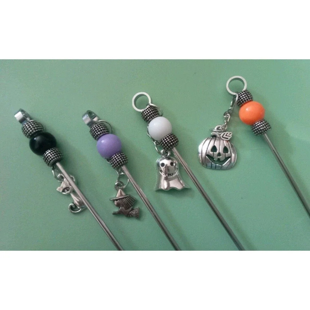 Set Of Halloween Beaded Cocktail  Sticks With Charms Cat Bat Pumpkin Witch